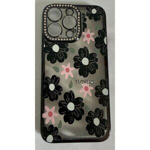 Plastic Black/Pink Floral Bling Phone Case for iPhone 13 14 15 16 Max